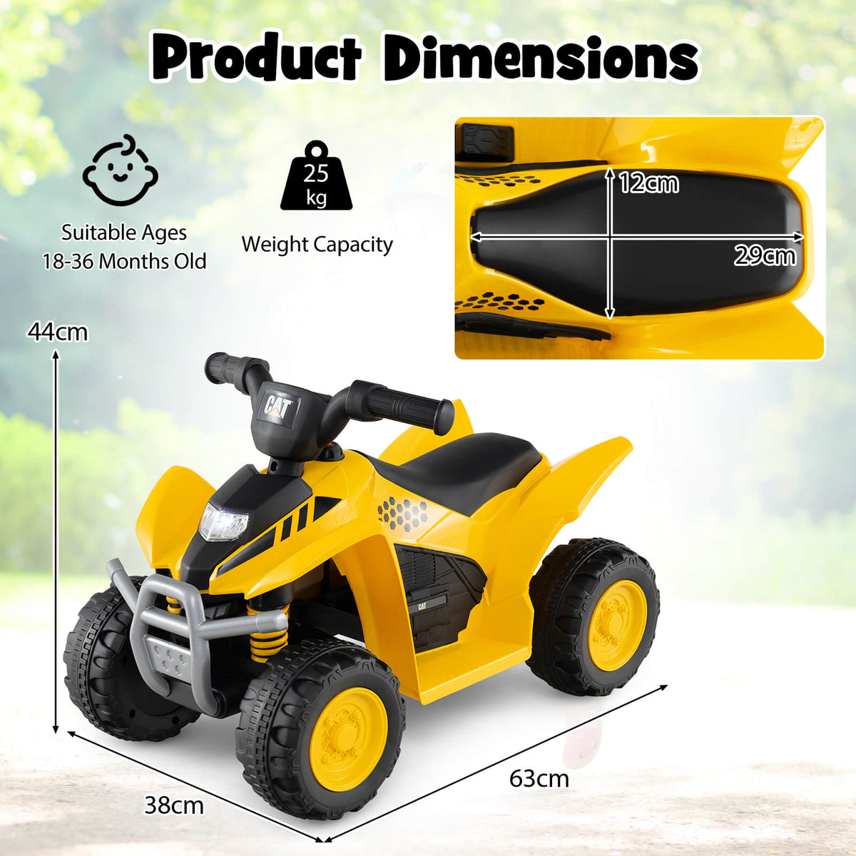 Product dimensions diagram for the yellow kids electric quad car showing height width and depth