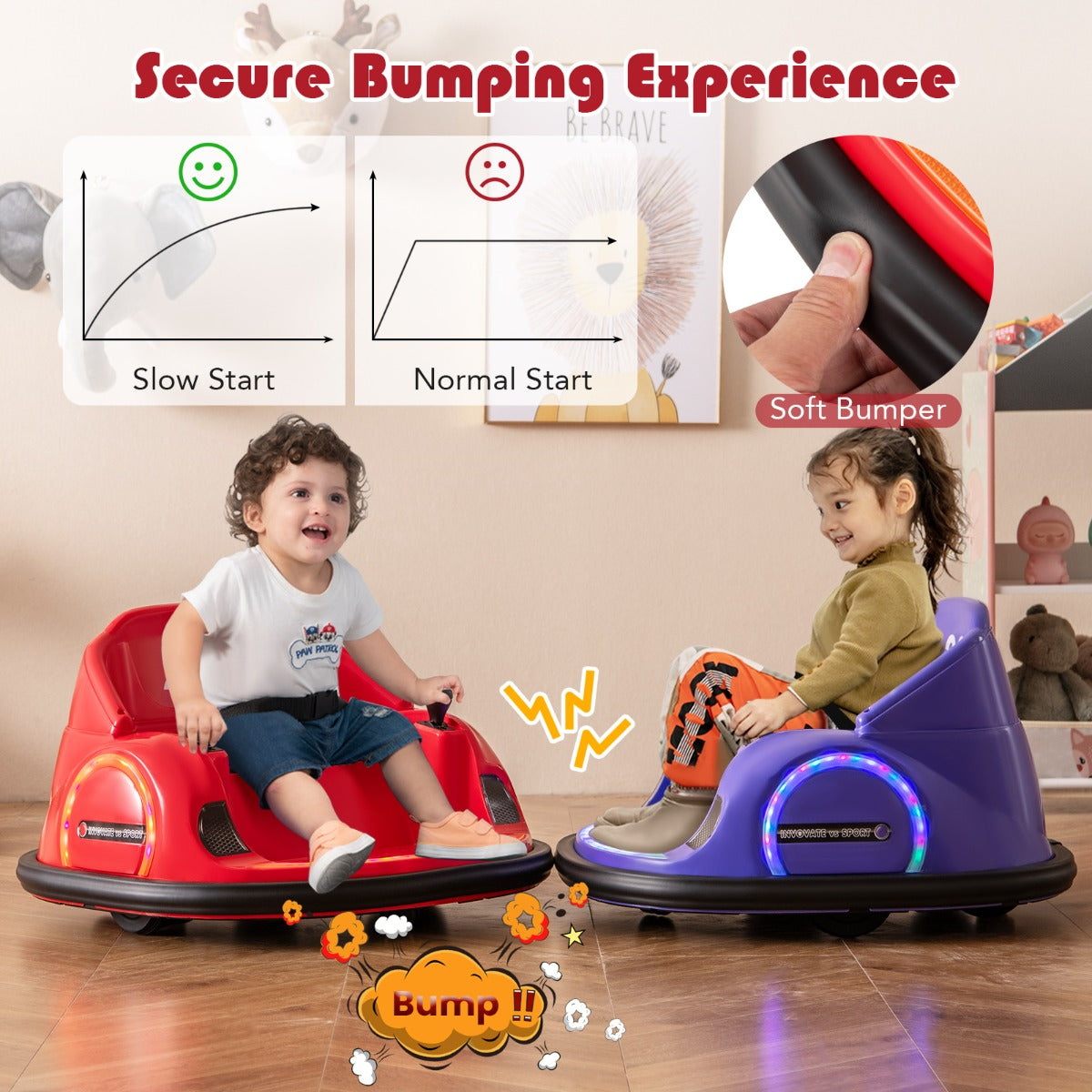 The kids electric car bumping into another car with a diagram showing the soft bumper feature