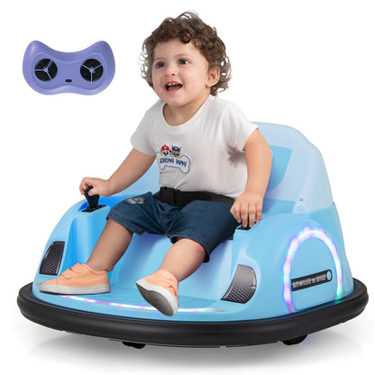 A young child sitting in the navy kids electric car holding the joystick