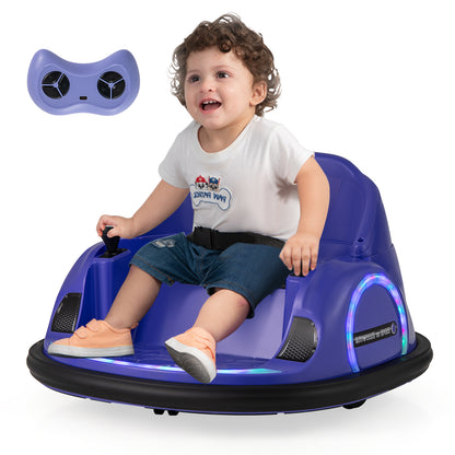 Young child happily driving the purple kids electric car with remote control nearby