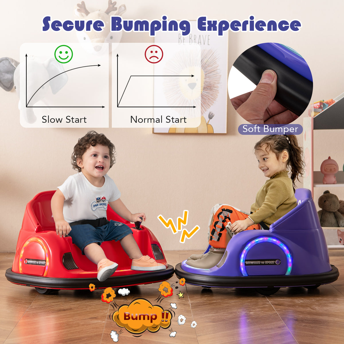 Two children enjoying a secure bumping experience in red and purple kids electric cars