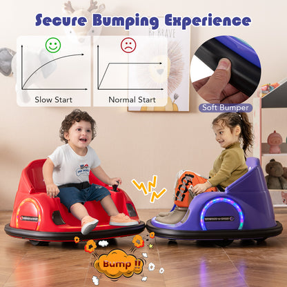 Two children enjoying a secure bumping experience in red and purple kids electric cars