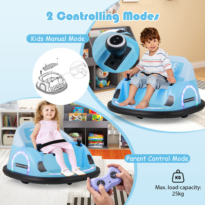 The navy kids electric car showing the joystick controls and the remote handset