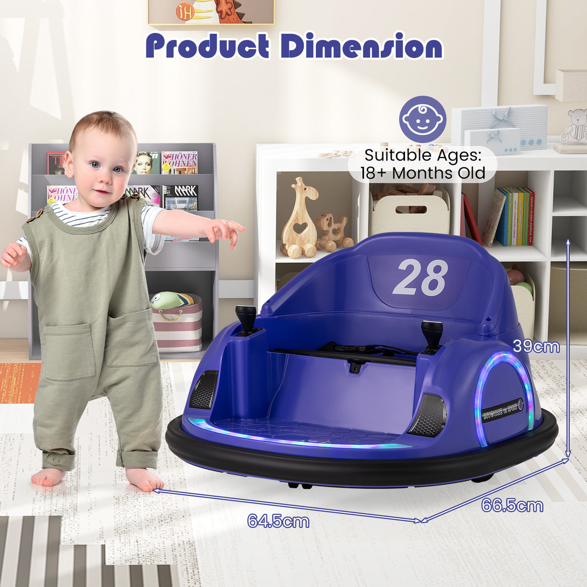 Purple kids electric car with a toddler for scale showing product dimensions