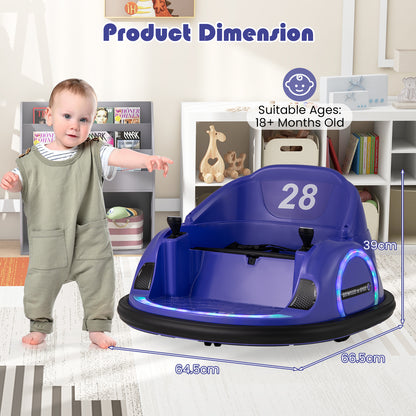Purple kids electric car with a toddler for scale showing product dimensions