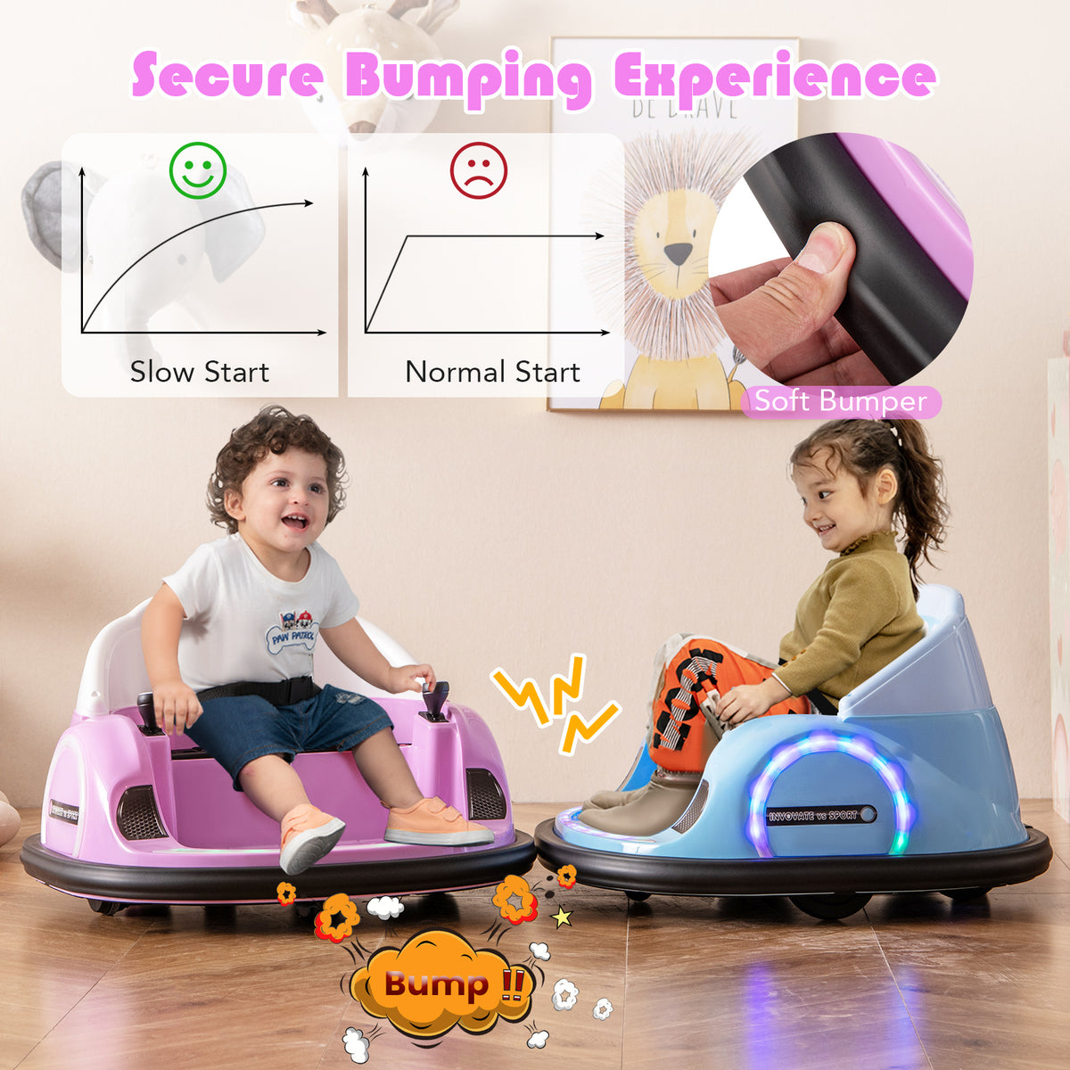 Two kids electric cars bumping together to show the soft bumper and slow start feature