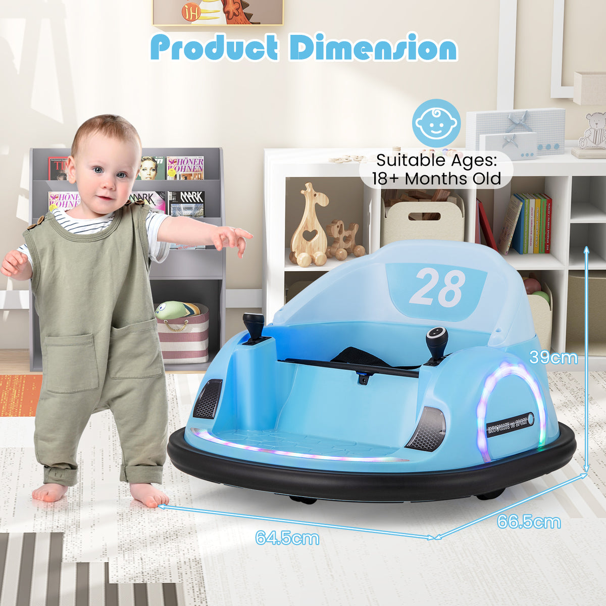 The navy kids electric car with blue dimension lines showing its height and width