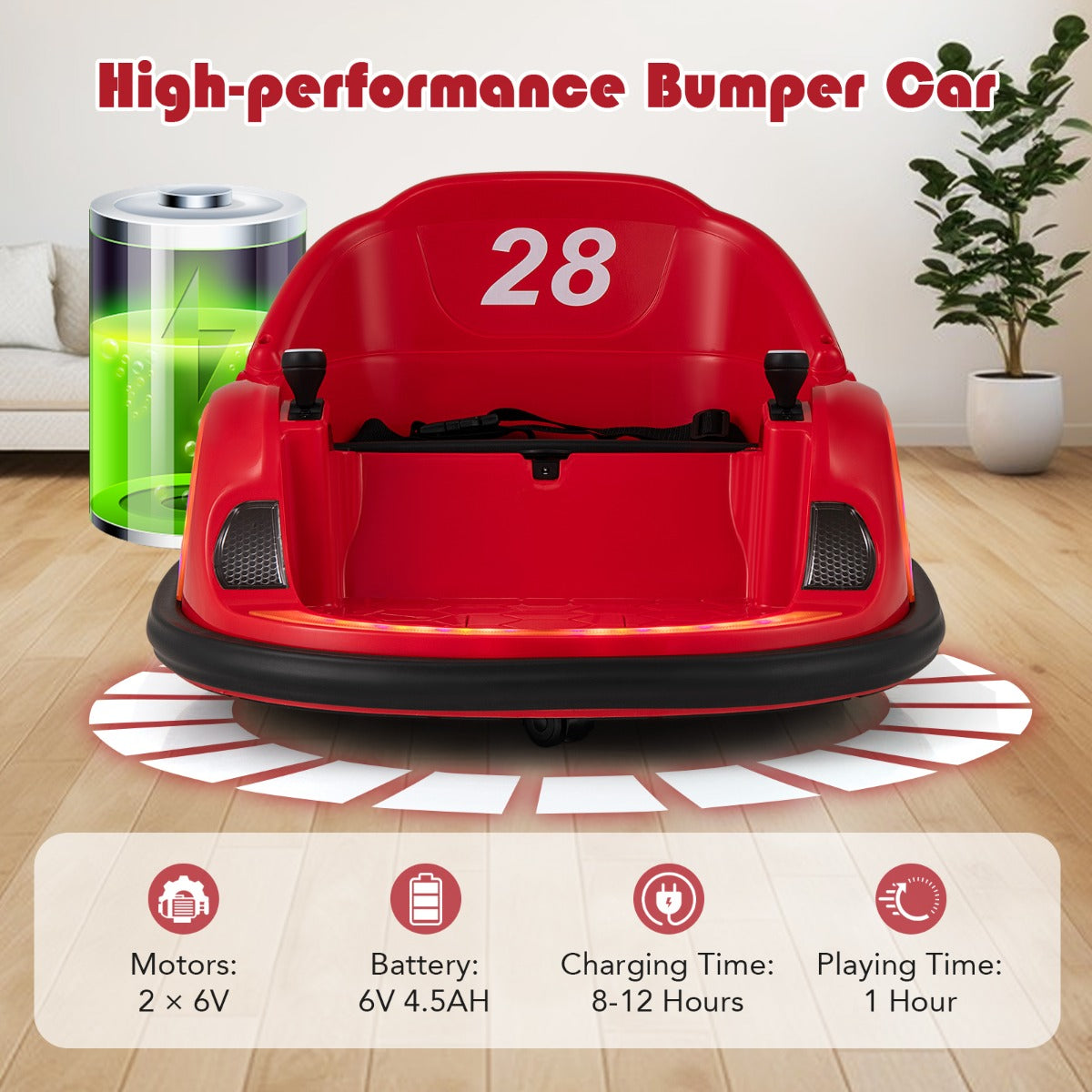The kids electric car with a battery icon and technical specifications displayed below it