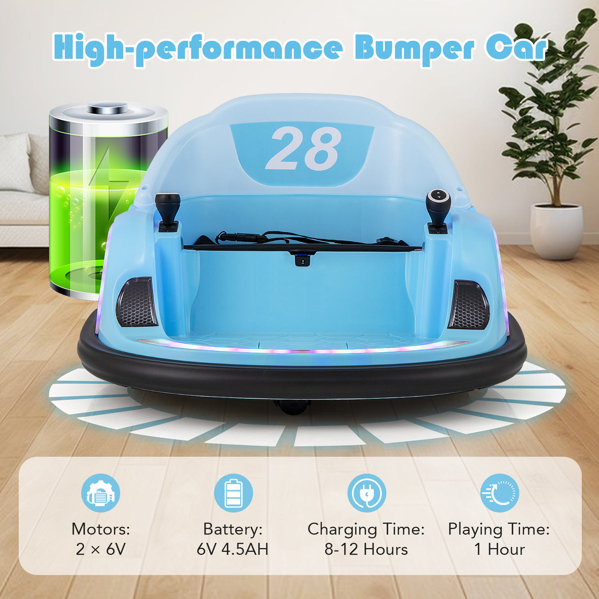The kids electric car with a battery icon and technical specifications overlay