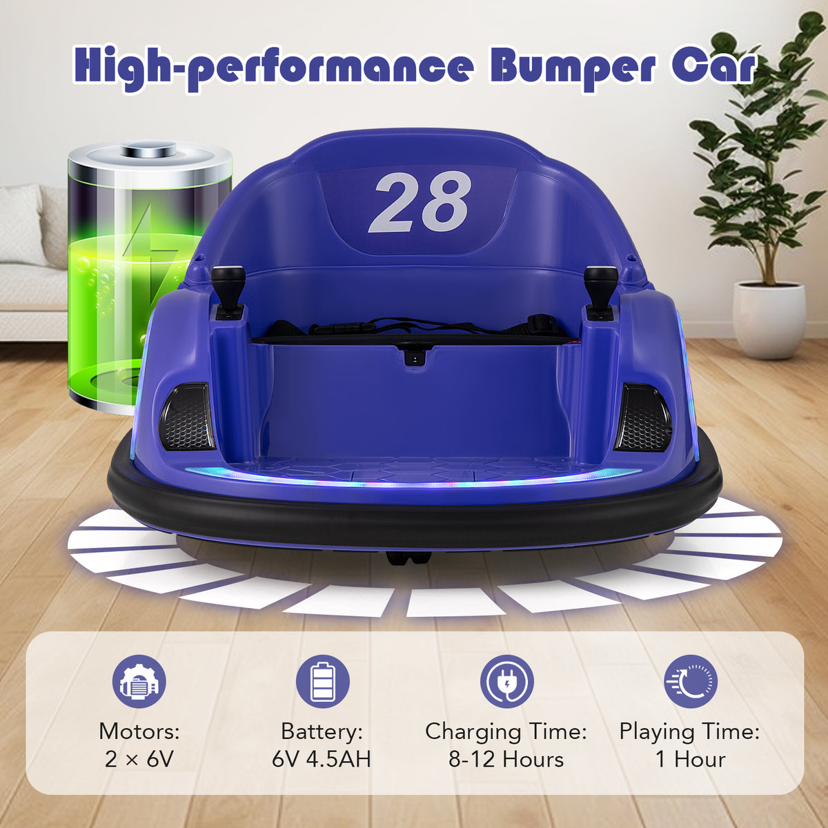 Purple kids electric car with battery and charging information displayed