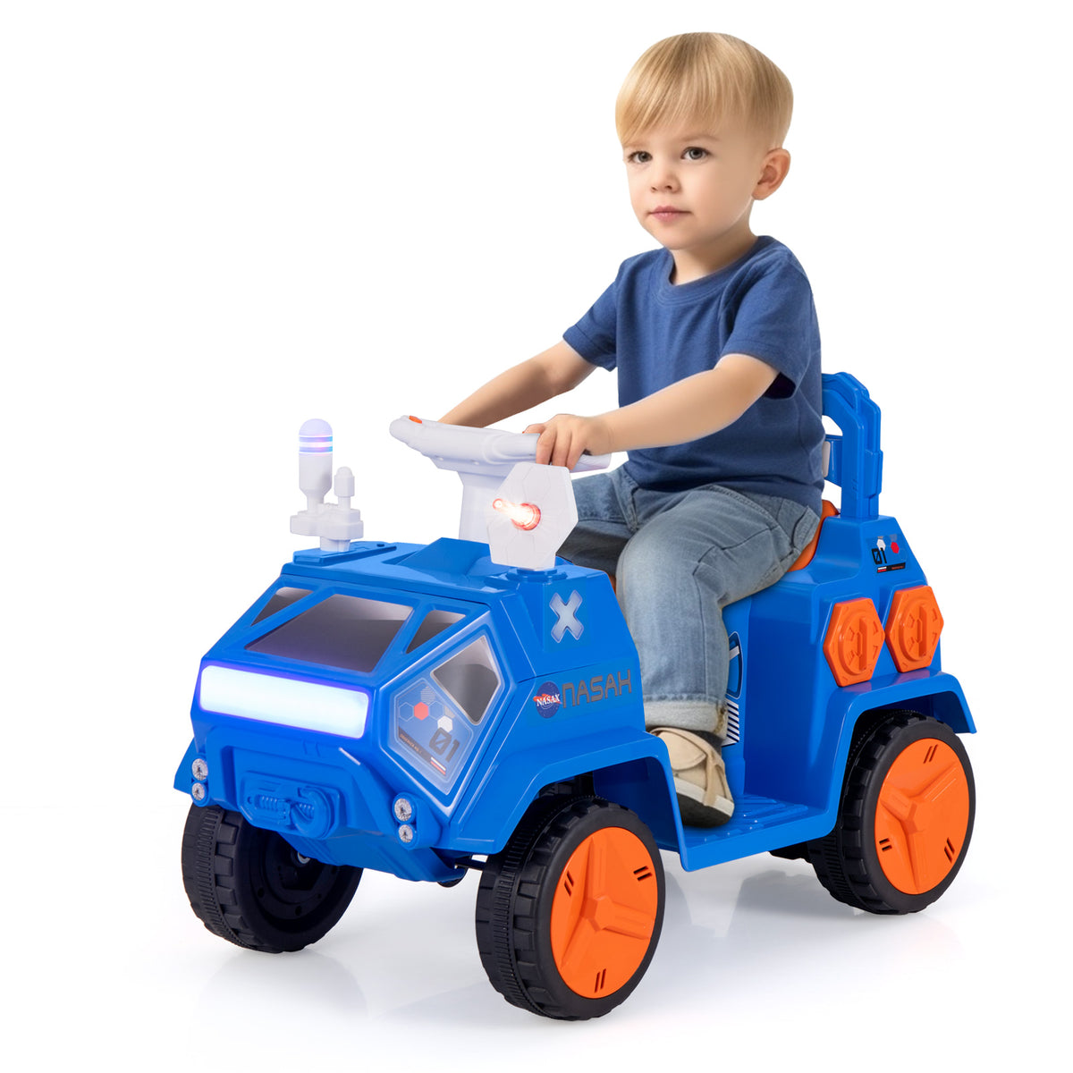 A young boy drives the navy blue kids electric car on a paved surface