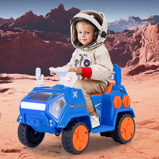 A young boy wearing an astronaut helmet rides the blue kids electric car on a red, rocky surface