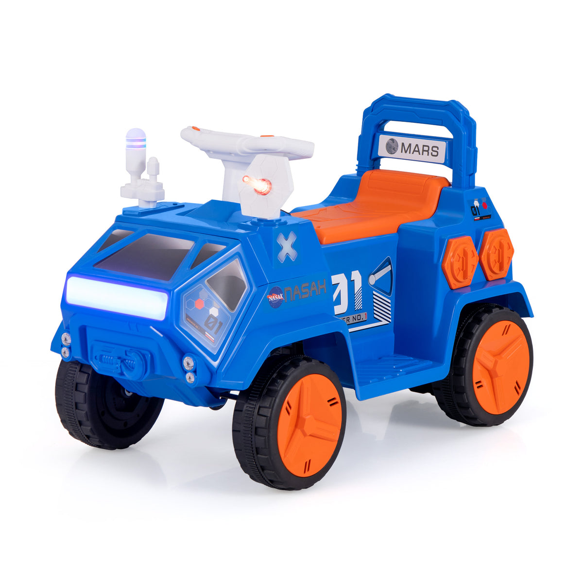 6V Kids Ride-on Car in navy blue with orange accents and flashing lights