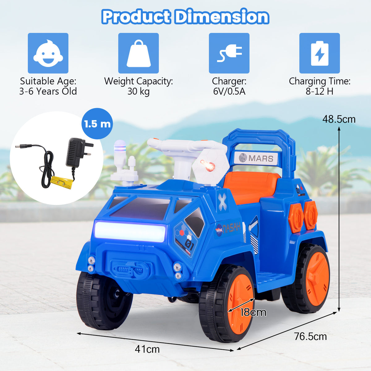 Product dimensions diagram for the navy blue kids electric car