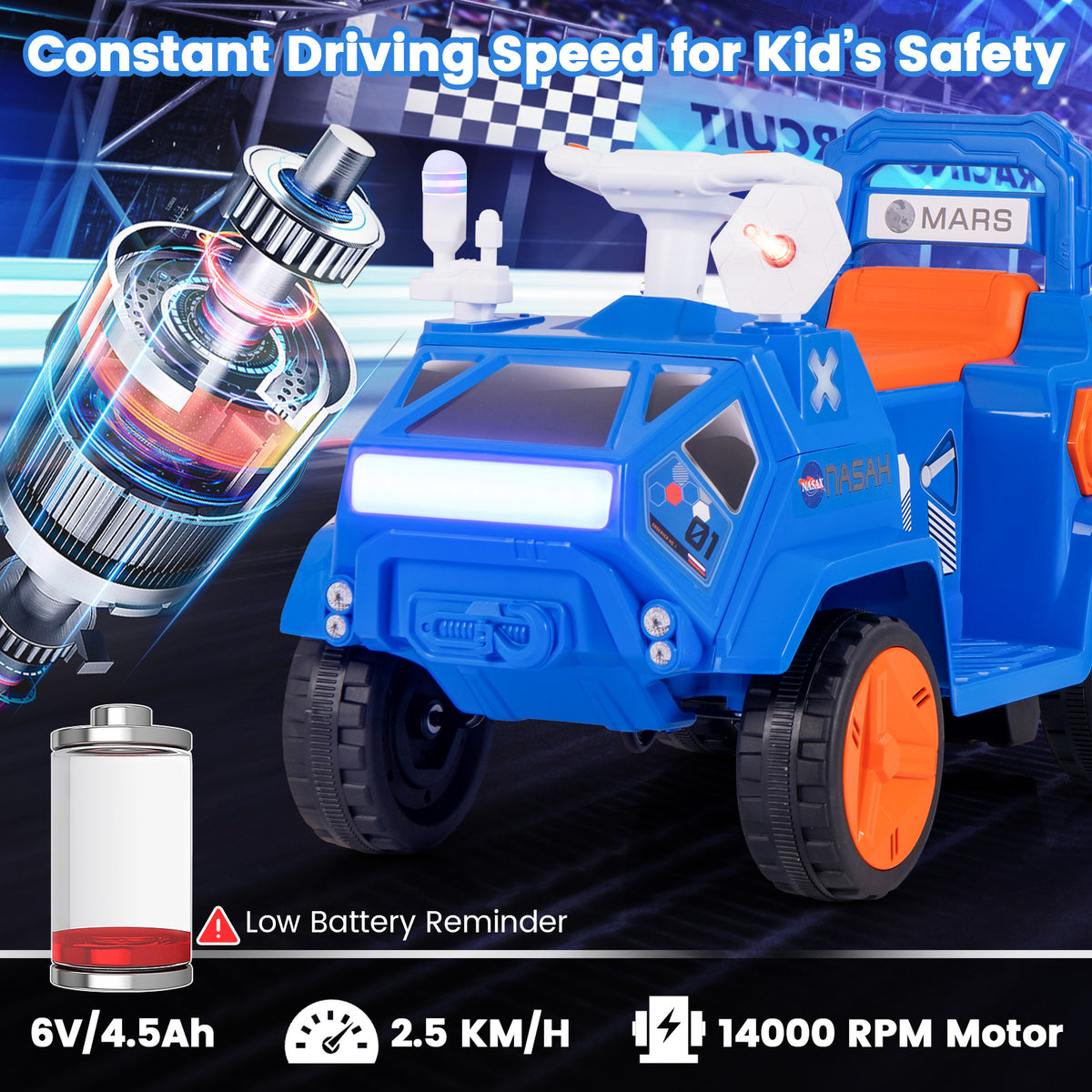 Close-up of the navy blue kids electric car showing battery and speed indicator