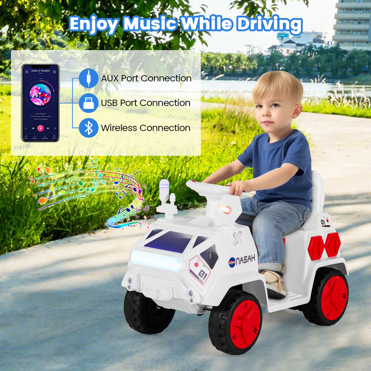 The kids electric car with a child driving and icons showing music connection options