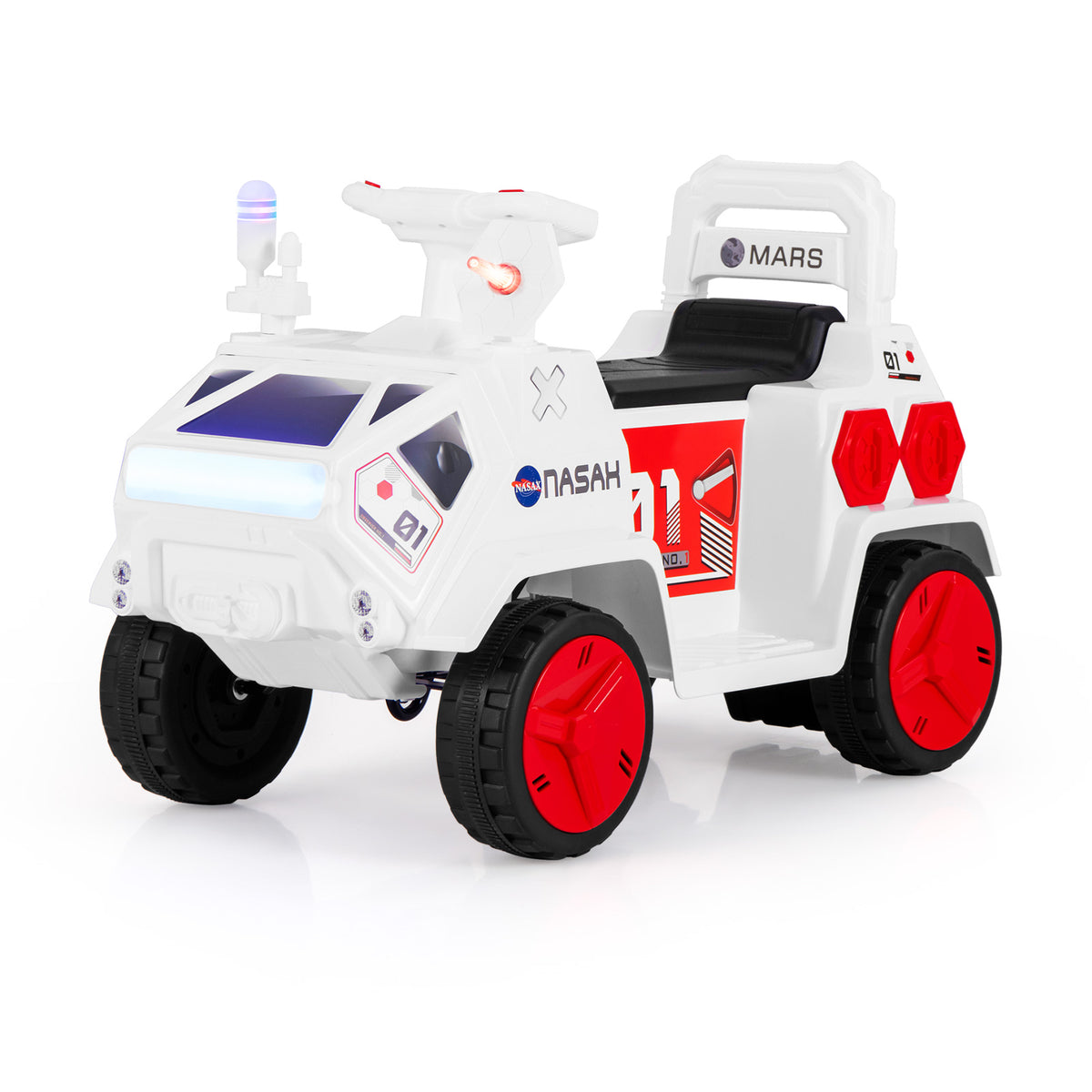 6V Kids Ride-on Car in white and red with a steering wheel and a small antenna
