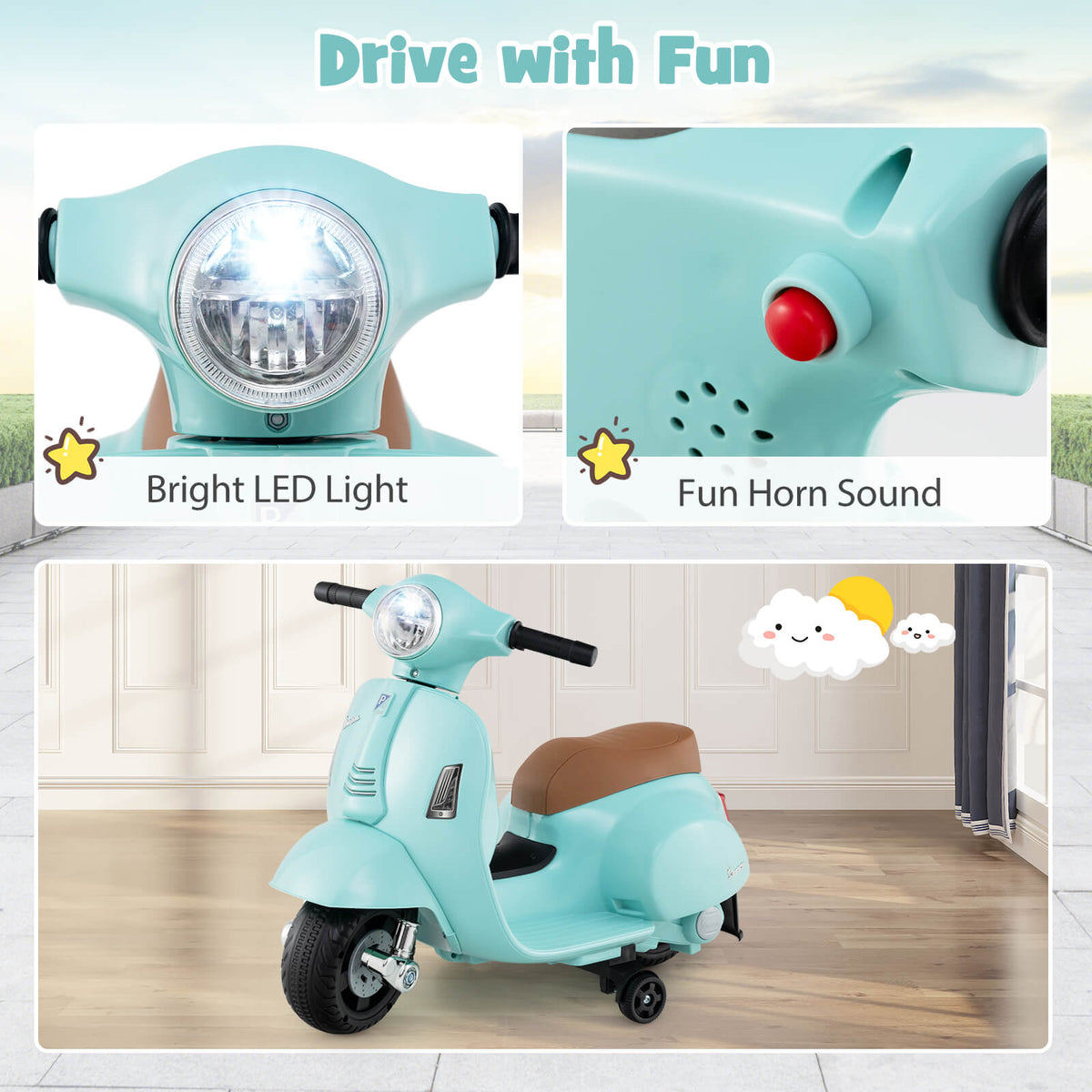 Collage showing the green kids electric motorbike with bright LED light and fun horn sound