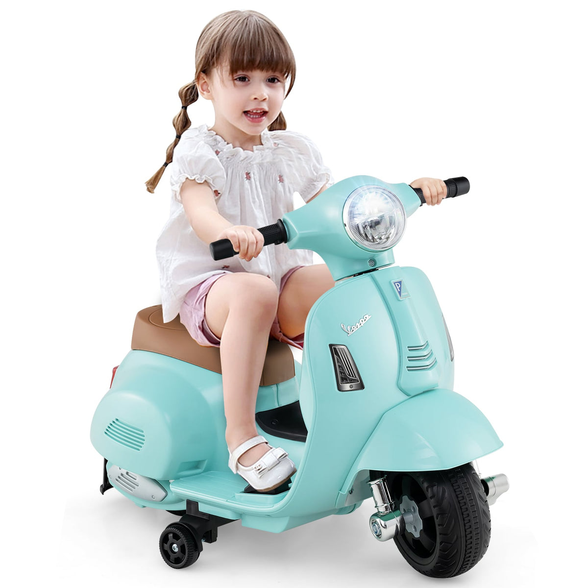 6V Kids Ride on Motorcycle Vespa Licensed, a young girl rides the green electric motorbike outdoors