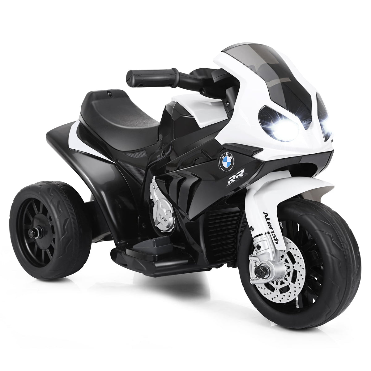 6V Kids Ride on Motorcycle in black and white with three wheels and a headlight