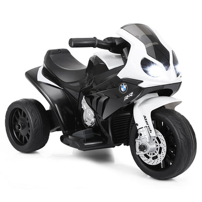 6V Kids Ride on Motorcycle in black and white with three wheels and a headlight