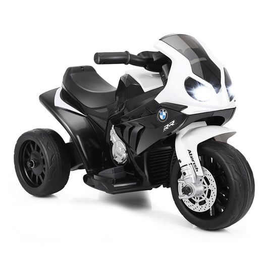 6V Kids Ride on Motorcycle in black and white with three wheels and a headlight