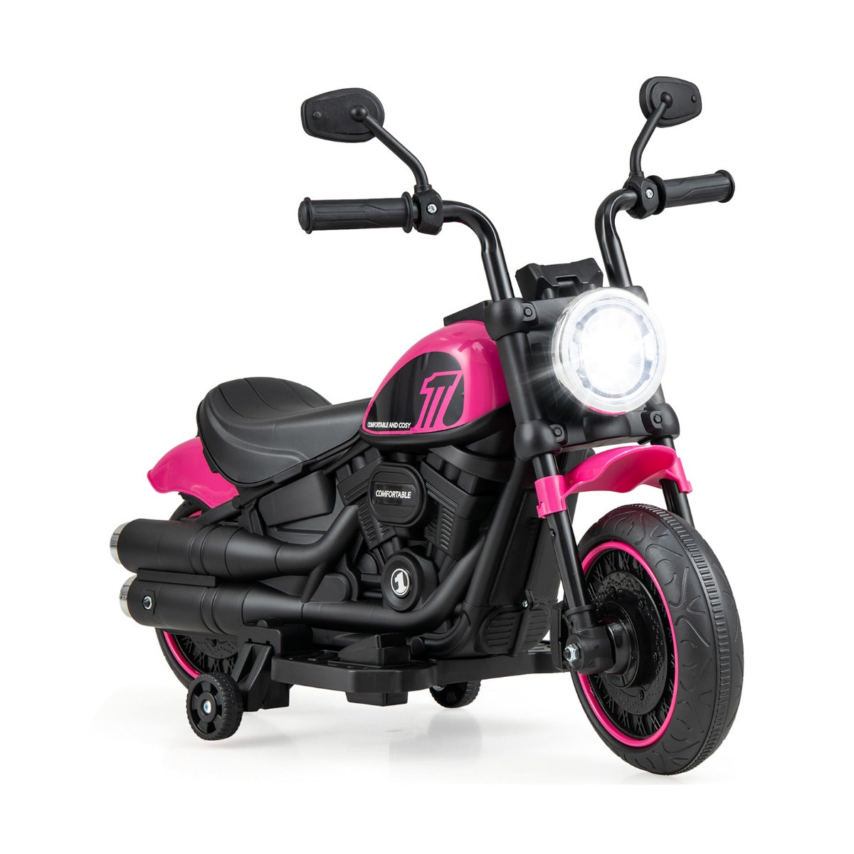 6V Kids Ride On Motorcycle in pink with a bright front headlight and black training wheels