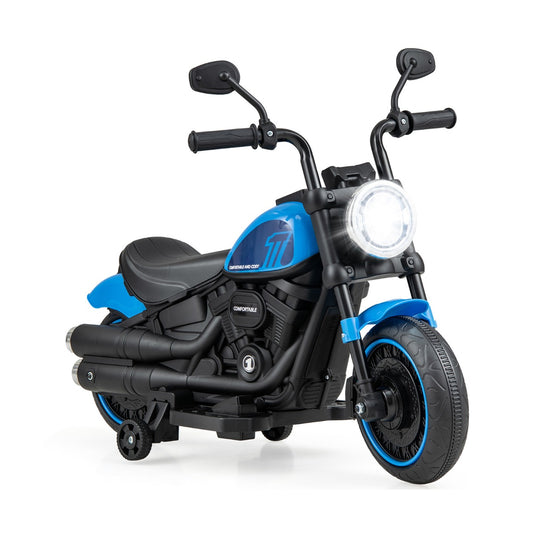 6V Kids Ride On Motorcycle in navy blue with training wheels and a bright illuminated headlight