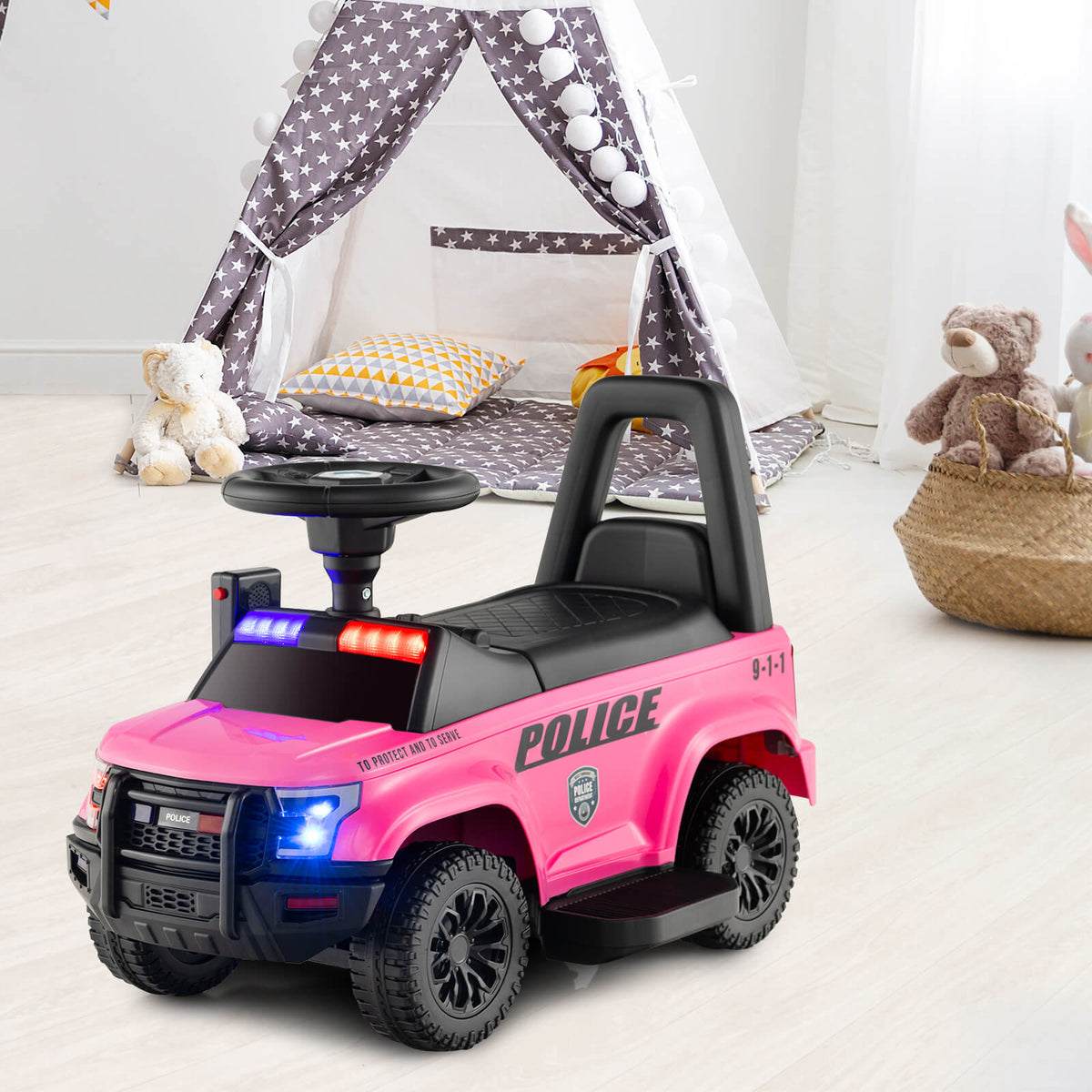 6V Kids Ride On Police Car with Side Megaphone in Pink
