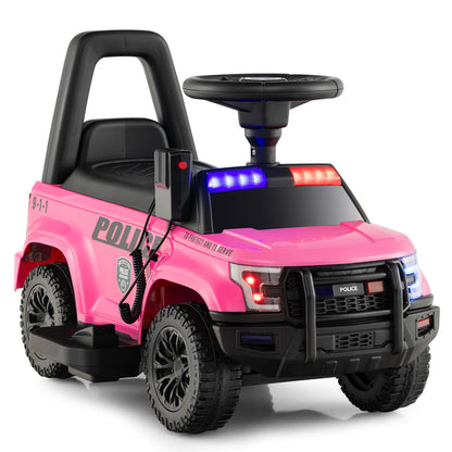 6V Kids Ride On Police Car with Side Megaphone in bright pink with black wheels and steering wheel