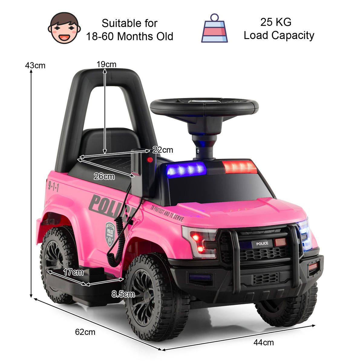 6V Kids Ride On Police Car with Side Megaphone in Pink