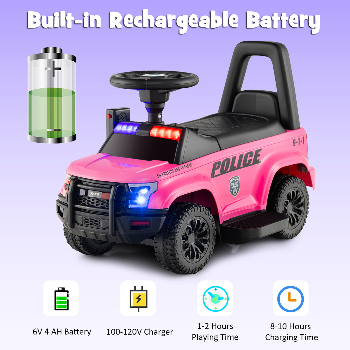 6V Kids Ride On Police Car with Side Megaphone in Pink