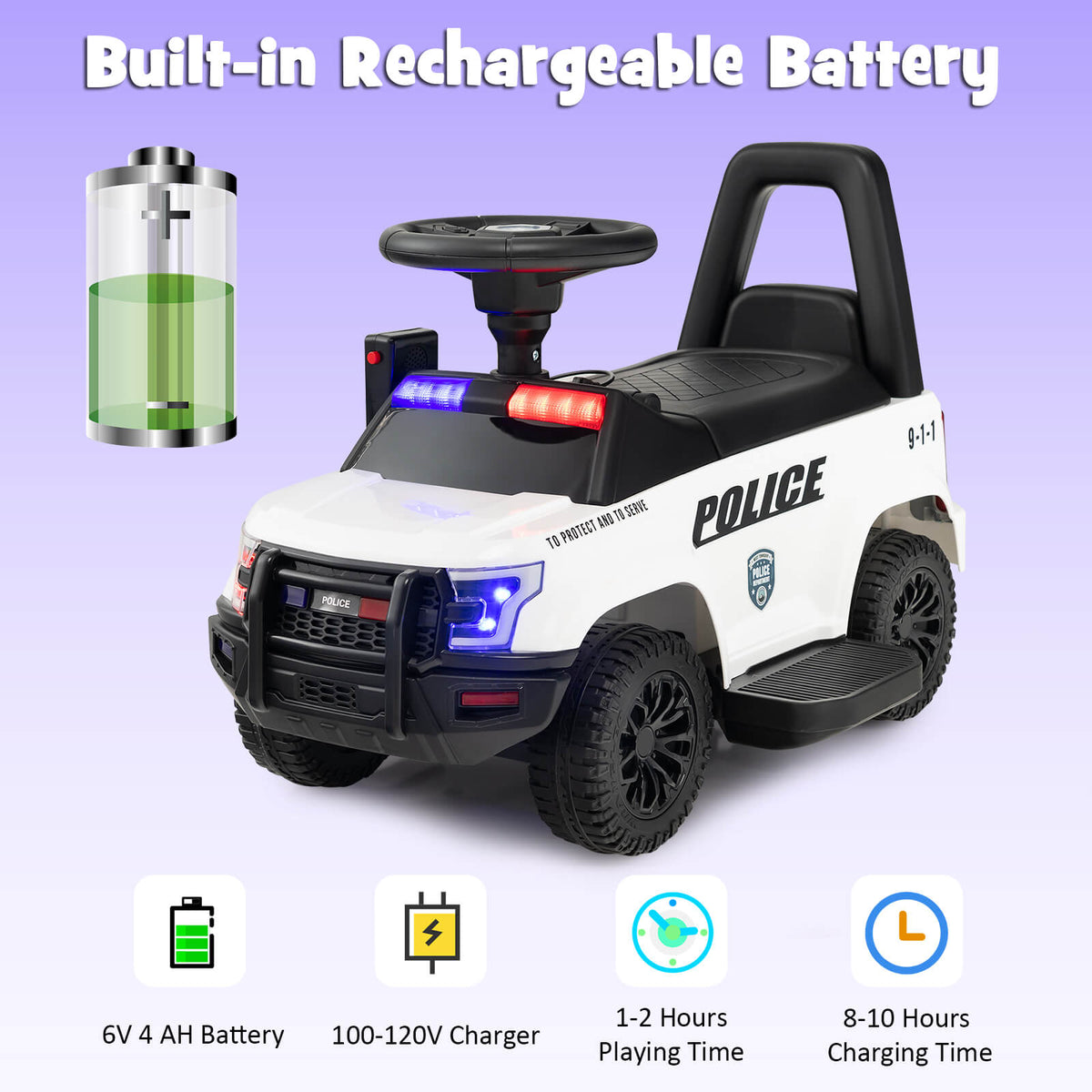 Rechargeable battery and charging information for the kids electric police car