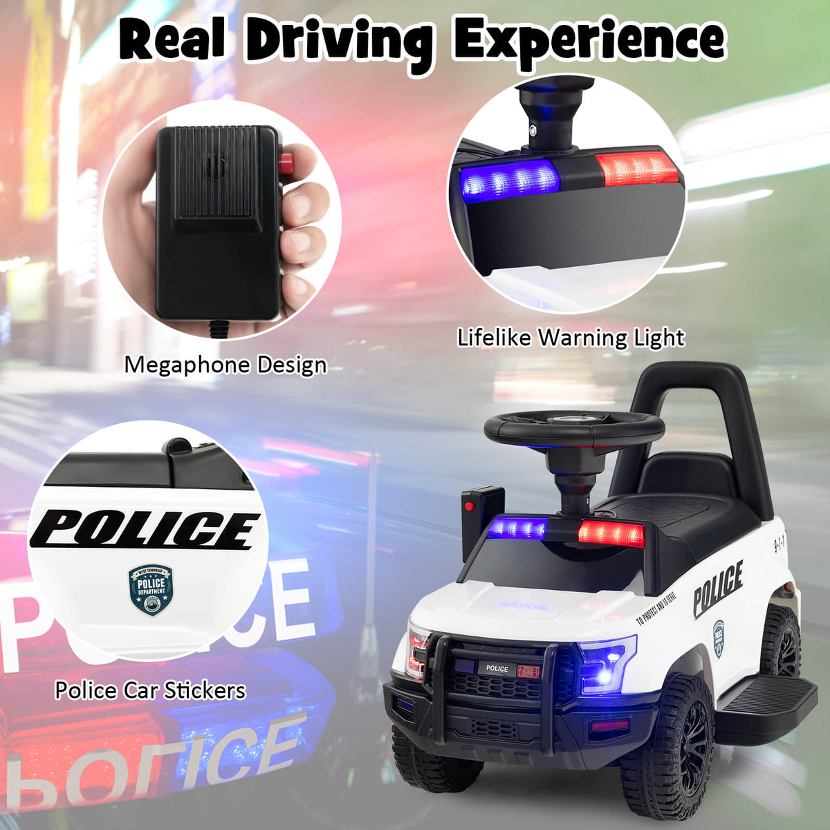Close up details of the kids electric police car, including the megaphone and stickers