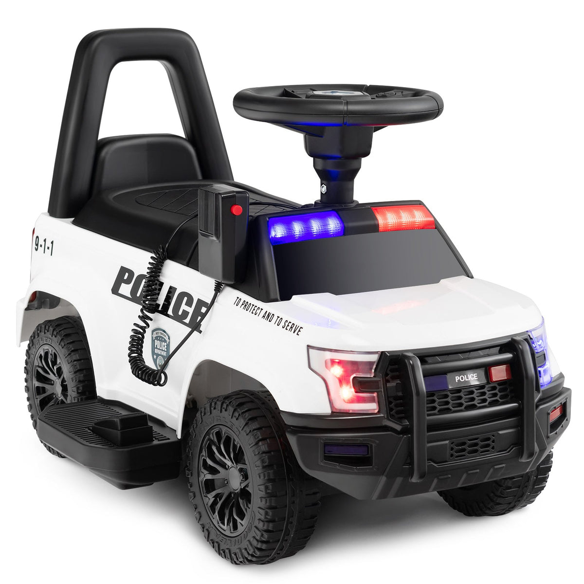 6V Kids Ride On Police Car with Side Megaphone, a white electric toy car with police markings and flashing lights