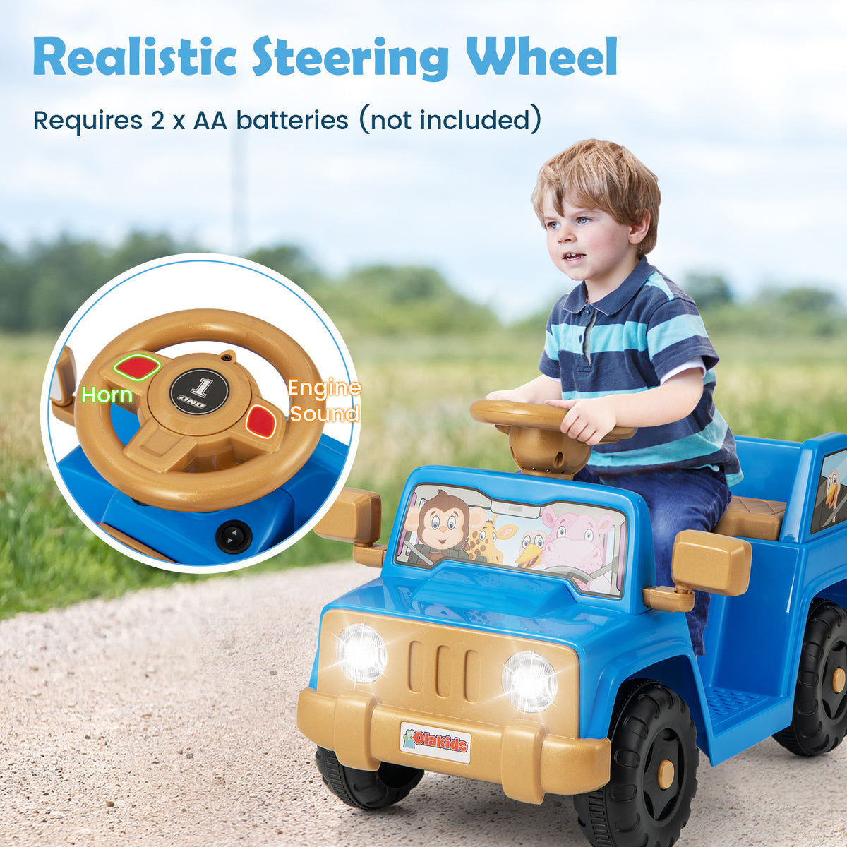 The kids electric car with an inset close-up of the steering wheel and sound buttons