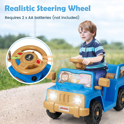 The kids electric car with an inset close-up of the steering wheel and sound buttons