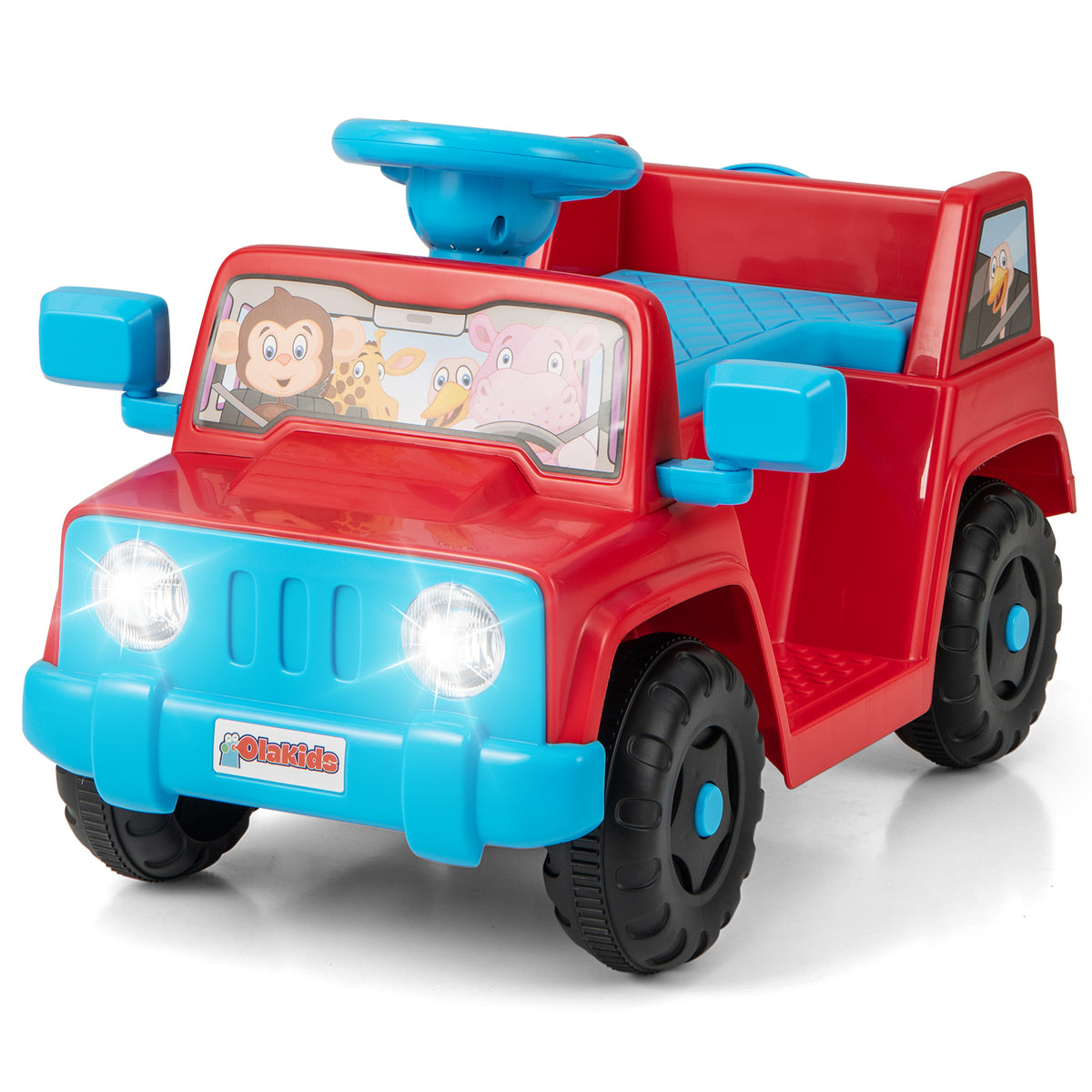 6V Kids Riding Toy with Sound Effects One-Button Start in red and blue with cartoon animals on the front