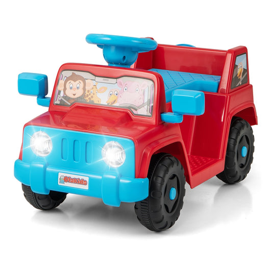 6V Kids Riding Toy with Sound Effects One-Button Start in red and blue with cartoon animals on the front