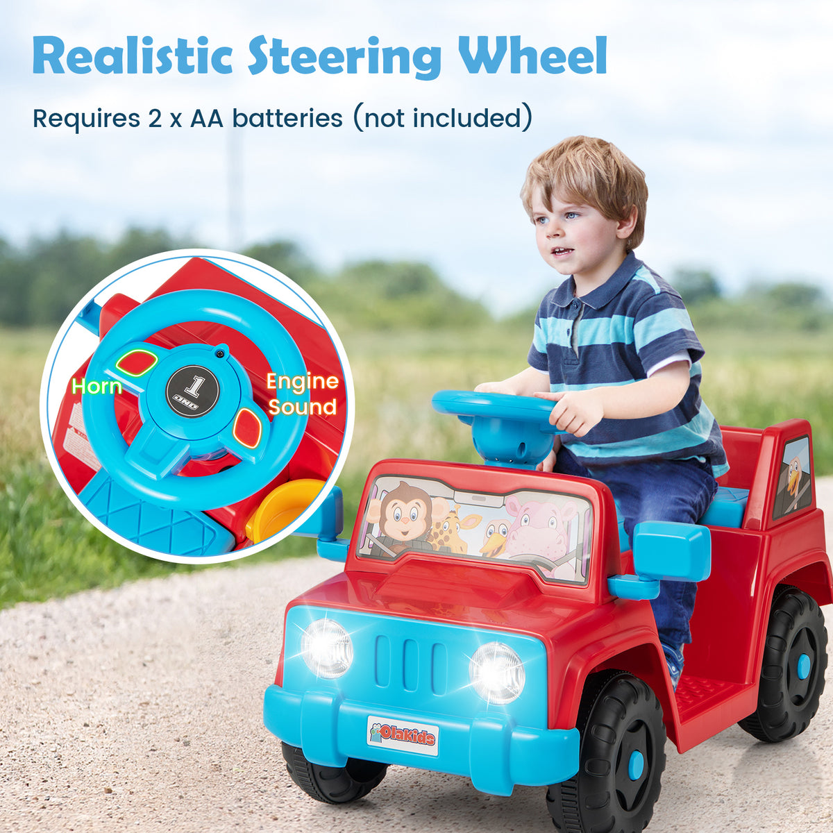 Close up of the steering wheel of the red and blue kids electric car with sound effect buttons