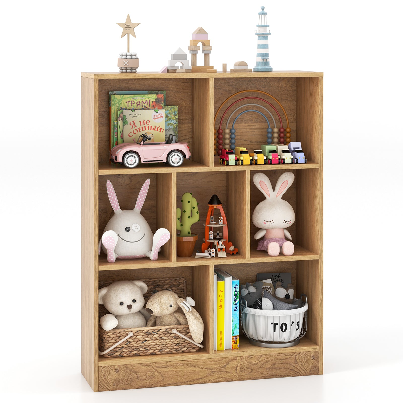 7-Cube Bookshelf with 2 Anti-Tipping Kits for Living Room and Kid’s Room-Natural