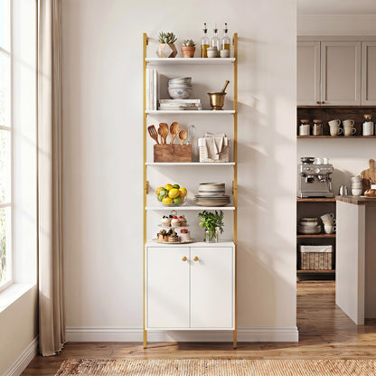 7-Tier Ladder Bookshelf with 2-Door Cabinet and 4 Shelves-White
