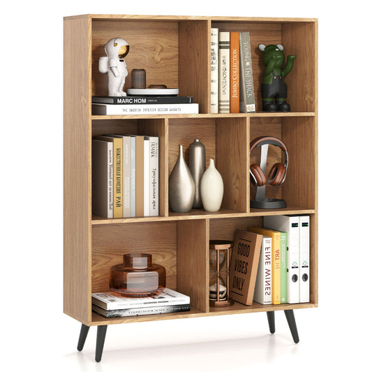 7-Cube Bookcase Mid Century Modern Storage Organizer with tapered metal legs in natural wood finish