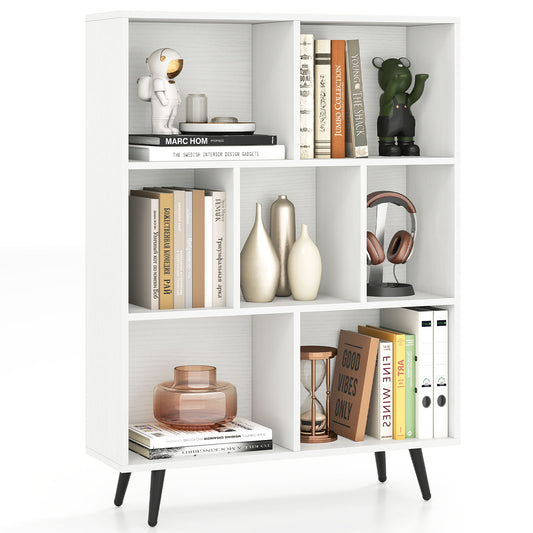 7-Cube Bookcase Mid Century Modern Storage Organizer with 4 Tapered Metal Legs-White