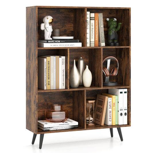 7-Cube Bookcase Mid Century Modern Storage Organizer with tapered metal legs in coffee finish