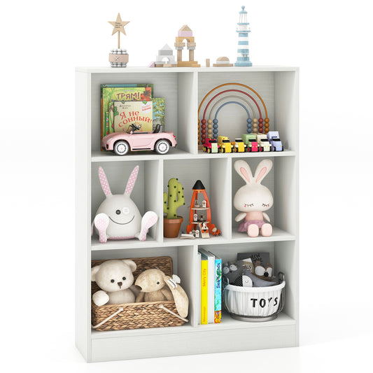 7-Cube Bookshelf with toys and books on shelves, a white unit with 7 open cubes