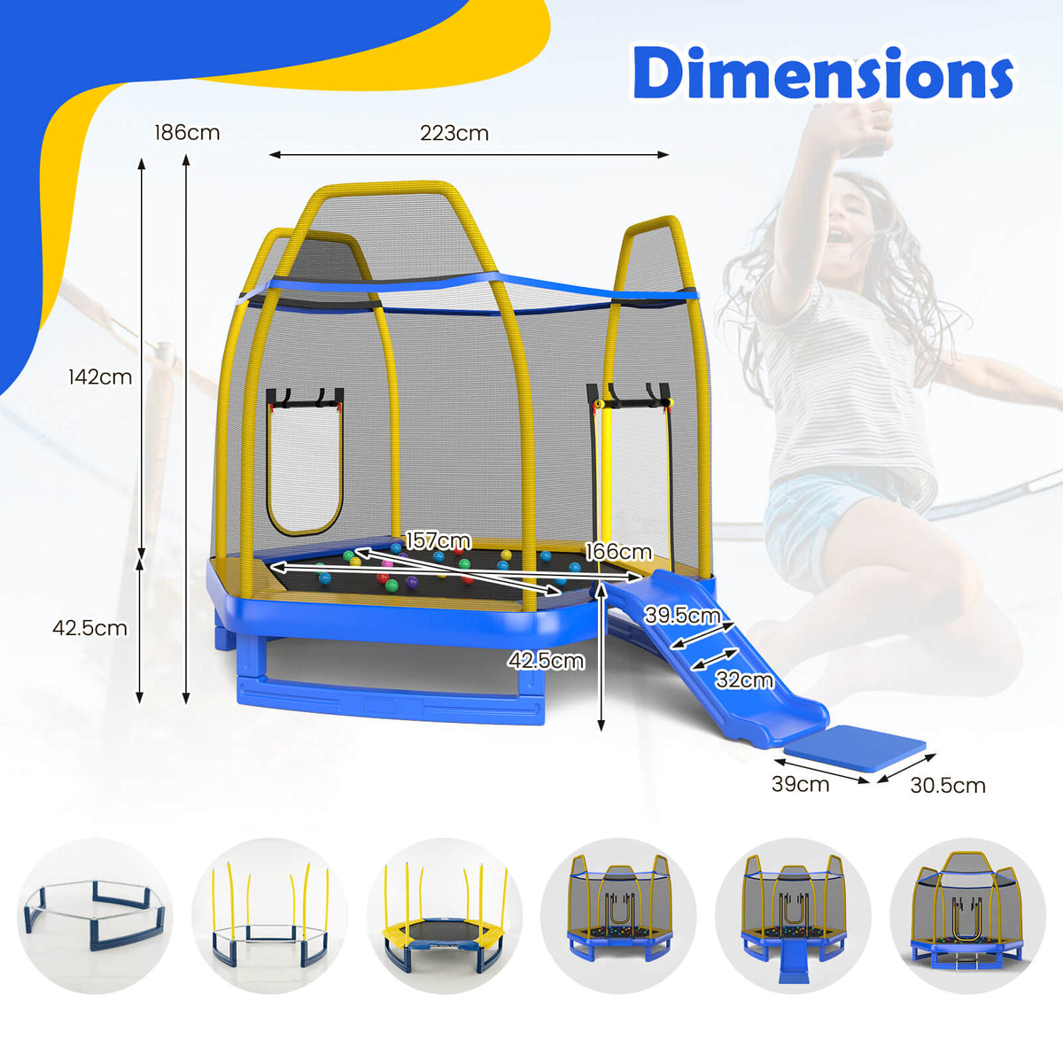 Dimensions diagram for the blue hexagonal trampoline with slide and safety net