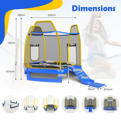 Dimensions diagram for the blue hexagonal trampoline with slide and safety net
