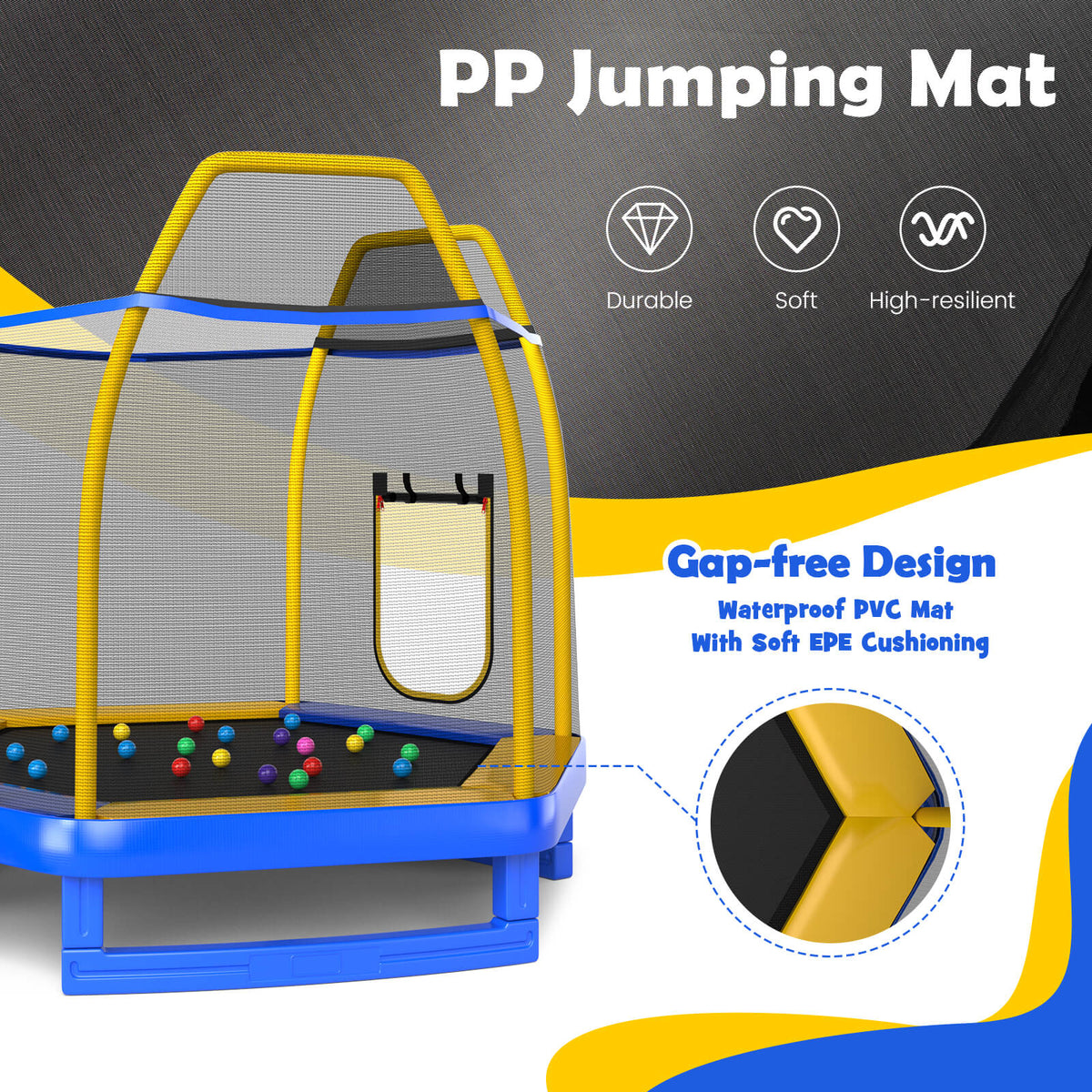Close up of the blue hexagonal trampoline jumping mat and safety enclosure