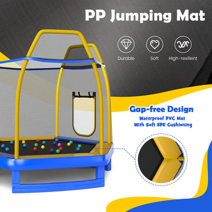 Close up of the blue hexagonal trampoline jumping mat and safety enclosure